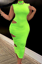 Green Fashion Sexy Sleveeless Shoulder pads Broadside Hole Long Dress WY6809-3