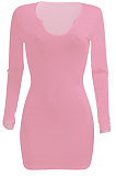 Pink Women Deep V Neck Tight Sexy Long Sleeve Mini Dress Q912-3