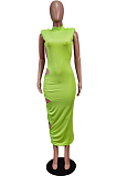 Green Fashion Sexy Sleveeless Shoulder pads Broadside Hole Long Dress WY6809-3
