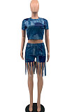 Blue Women Trendy Printing Tassel Shorts Casual Two-Pieces KKY80048-1