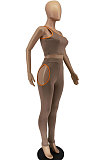Coffee Euramerican Women Fashion One Shoulder Off Shoulder Pure Color Pants Sets AA5264-1