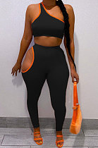 Black Euramerican Women Fashion One Shoulder Off Shoulder Pure Color Pants Sets AA5264-3
