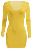 Yellow Women Deep V Neck Tight Sexy Long Sleeve Mini Dress Q912-4