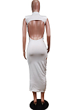 White Fashion Sexy Sleveeless Shoulder pads Broadside Hole Long Dress WY6809-2