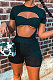 Black Women Pure Color Screw Thread Hollow Out Sexy Jumpsuit Shorts Sets Q905-1