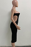 Black Pure Color One Shoulder Back Hollow Out Screw Thread Midi Dress XQ1133-3
