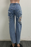 High Waist Tight Straight-leg Pants Hole Casual Loose Jeans Long Pants XQ1135