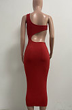 Red Pure Color One Shoulder Back Hollow Out Screw Thread Midi Dress XQ1133-1
