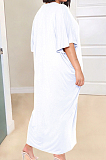 White Fashion Pure Color Deep V Neck Loose Casual Long Dress YX9289-2