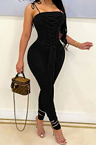 Black Women Casual Pure Color Back Ruffle Condole Belt Bandage Bodycon Jumpsuits JP1050-1