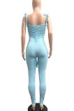 Light Blue Women Casual Pure Color Back Ruffle Condole Belt Bandage Bodycon Jumpsuits JP1050-4