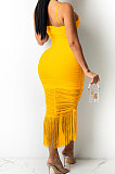 Yellow Pure Color Fashion Women Sexy Condole Belt Chest Wrap Hollow Out Tassel Midi Dress XZ5225-3