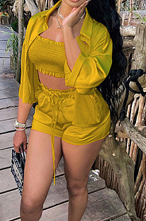 Yellow High Elastic Satin Wave Edge Spininess Rubber String Pull A Wrinkled Shirt Shorts Three Piece SZS8036-1