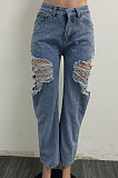 High Waist Tight Straight-leg Pants Hole Casual Loose Jeans Long Pants XQ1135