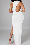 White Pure Color Sexy Sleeveless Open Fork Back Hollow Out Long Dress JP1046-3