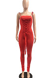 Red Women Casual Pure Color Back Ruffle Condole Belt Bandage Bodycon Jumpsuits JP1050-3