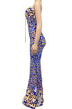 Blue Fashion Sleeveless Chain Chest Binding Bodycon Open Fork Long Dress XZ5166-2