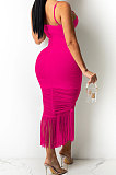 Rose Red Pure Color Fashion Women Sexy Condole Belt Chest Wrap Hollow Out Tassel Midi Dress XZ5225-2