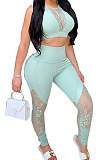 Women Pure Color Lace Spliced Sexy Top Pants Sets YF8531