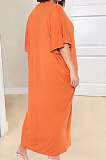 Orange Fashion Pure Color Deep V Neck Loose Casual Long Dress YX9289-1