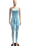 Light Blue Women Casual Pure Color Back Ruffle Condole Belt Bandage Bodycon Jumpsuits JP1050-4