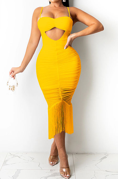 Yellow Pure Color Fashion Women Sexy Condole Belt Chest Wrap Hollow Out Tassel Midi Dress XZ5225-3