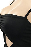 Black Pure Color Fashion Women Sexy Condole Belt Chest Wrap Hollow Out Tassel Midi Dress XZ5225-1