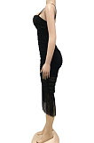Black Pure Color Fashion Women Sexy Condole Belt Chest Wrap Hollow Out Tassel Midi Dress XZ5225-1