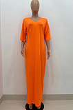 Orange Fashion Pure Color Deep V Neck Loose Casual Long Dress YX9289-1