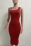 Red Pure Color One Shoulder Back Hollow Out Screw Thread Midi Dress XQ1133-1