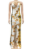 Light Yellow Fashion Sleeveless Chain Chest Binding Bodycon Open Fork Long Dress XZ5166-4