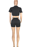 Black Casual Dew Waist Round Neck Slim Fitting T Shirts Shorts Two Piece SM9193-1