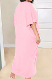 Pink Fashion Pure Color Deep V Neck Loose Casual Long Dress YX9289-4