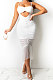 White Pure Color Fashion Women Sexy Condole Belt Chest Wrap Hollow Out Tassel Midi Dress XZ5225-4