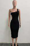 Black Pure Color One Shoulder Back Hollow Out Screw Thread Midi Dress XQ1133-3