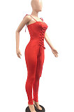 Red Women Casual Pure Color Back Ruffle Condole Belt Bandage Bodycon Jumpsuits JP1050-3