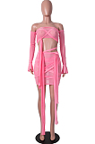 Pink Sexy Bandeau Bra Bind Flare Sleeve Net Yarn Fashion Two Piece SZS8067-1