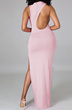 Pink Pure Color Sexy Sleeveless Open Fork Back Hollow Out Long Dress JP1046-2
