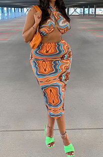 Lines Orange Women Sexy Halter Neck Printing Backless Plus Skirt Sets PY0831-1