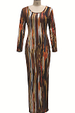 Brown Fashion Digital Print Long Dress SMR10302-2