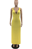Yellow Sexy Zipper Low Cut Open Fork Long Dress KSN06002-1