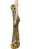 Dark Yellow Fashion Sleeveless Chain Chest Binding Bodycon Open Fork Long Dress XZ5166-3