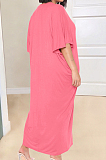 Rose Red Fashion Pure Color Deep V Neck Loose Casual Long Dress YX9289-5