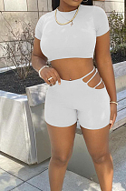 White Casual Dew Waist Round Neck Slim Fitting T Shirts Shorts Two Piece SM9193-3