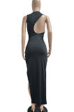Balck Pure Color Sexy Sleeveless Open Fork Back Hollow Out Long Dress JP1046-1