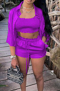 Purple Elastic Satin Wave Edge Spininess Rubber String Pull A Wrinkled Shirt Shorts Three Piece SZS8036-7