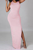 Pink Pure Color Sexy Sleeveless Open Fork Back Hollow Out Long Dress JP1046-2