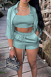 Light Cyan High Elastic Satin Wave Edge Spininess Rubber String Pull A Wrinkled Shirt Shorts Three Piece SZS8036-2