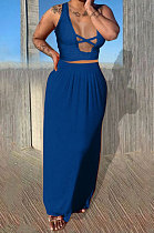 Blue Euramerican Women Pure Color Loose Sexy Top Skirts Sets JR3637-5