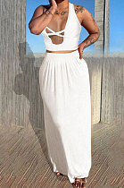 White Euramerican Women Pure Color Loose Sexy Top Skirts Sets JR3637-4
